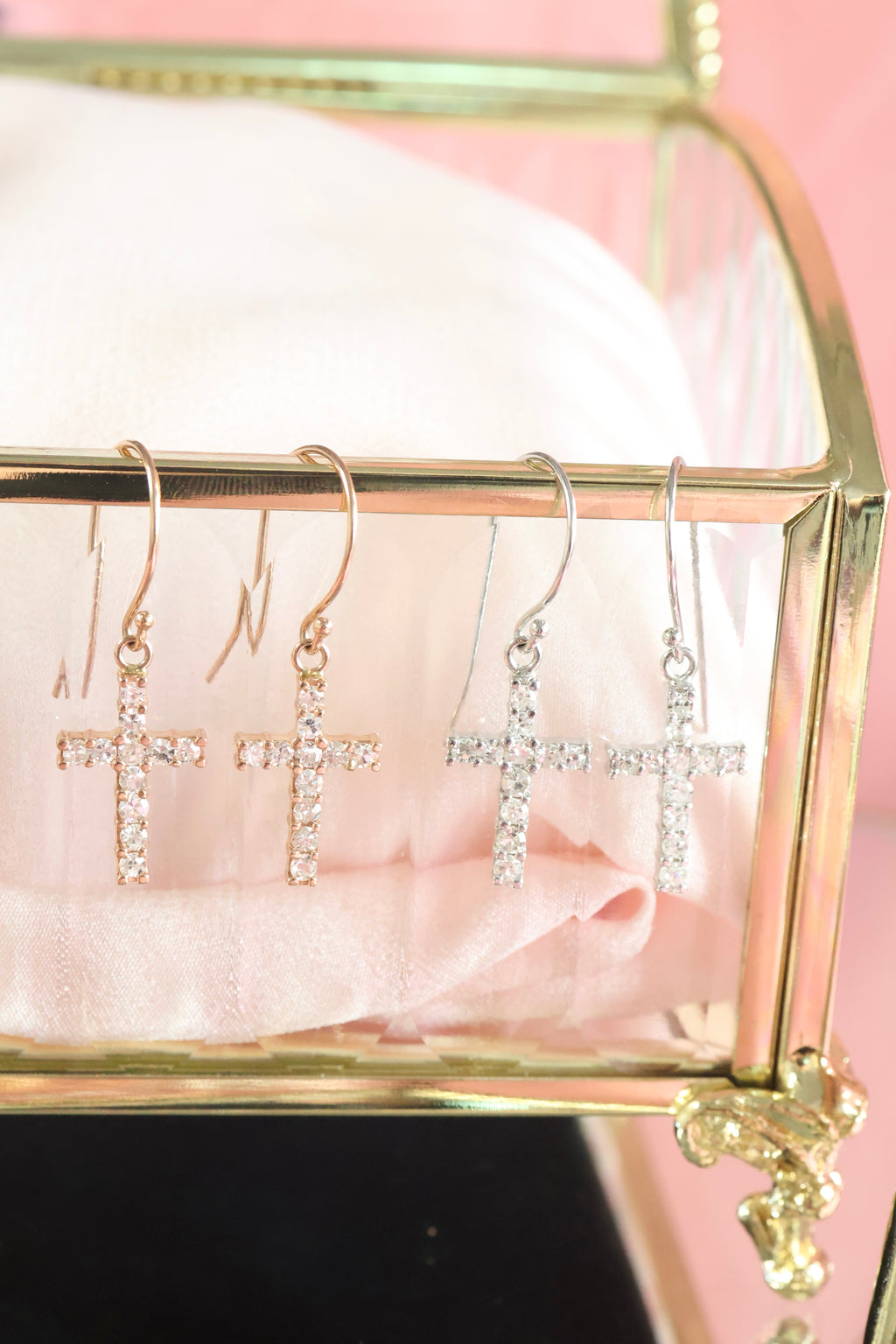 Diamond Cross Dangle Earrings | 14K Gold