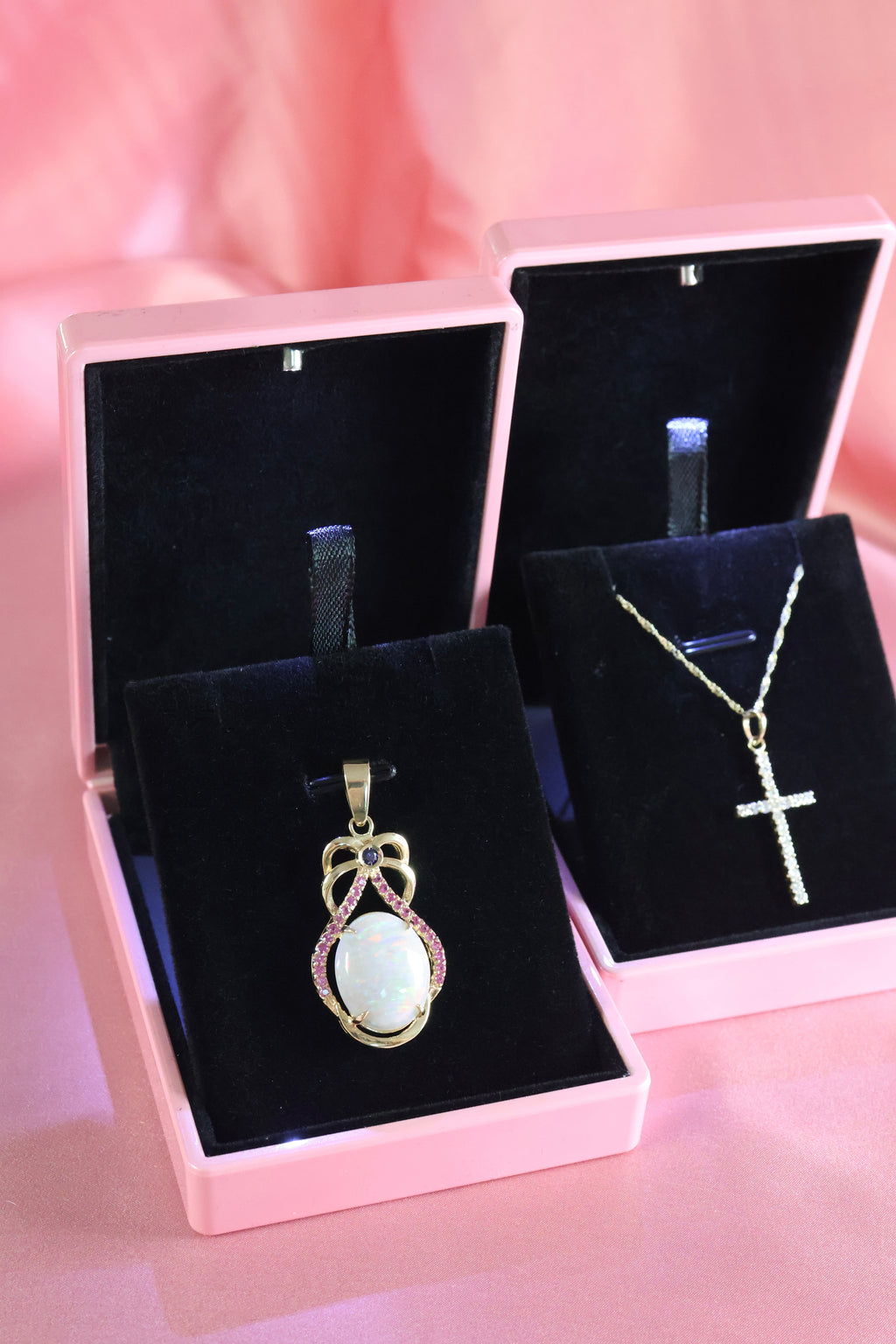Natural Opal Pendant with Blue & Pink Sapphires | 14K Yellow Gold