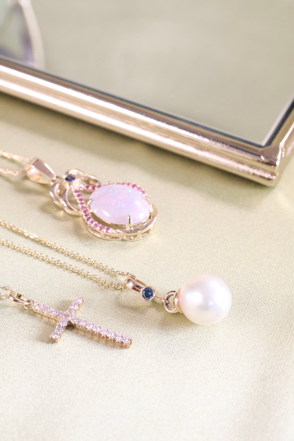 Natural Opal Pendant with Blue & Pink Sapphires | 14K Yellow Gold