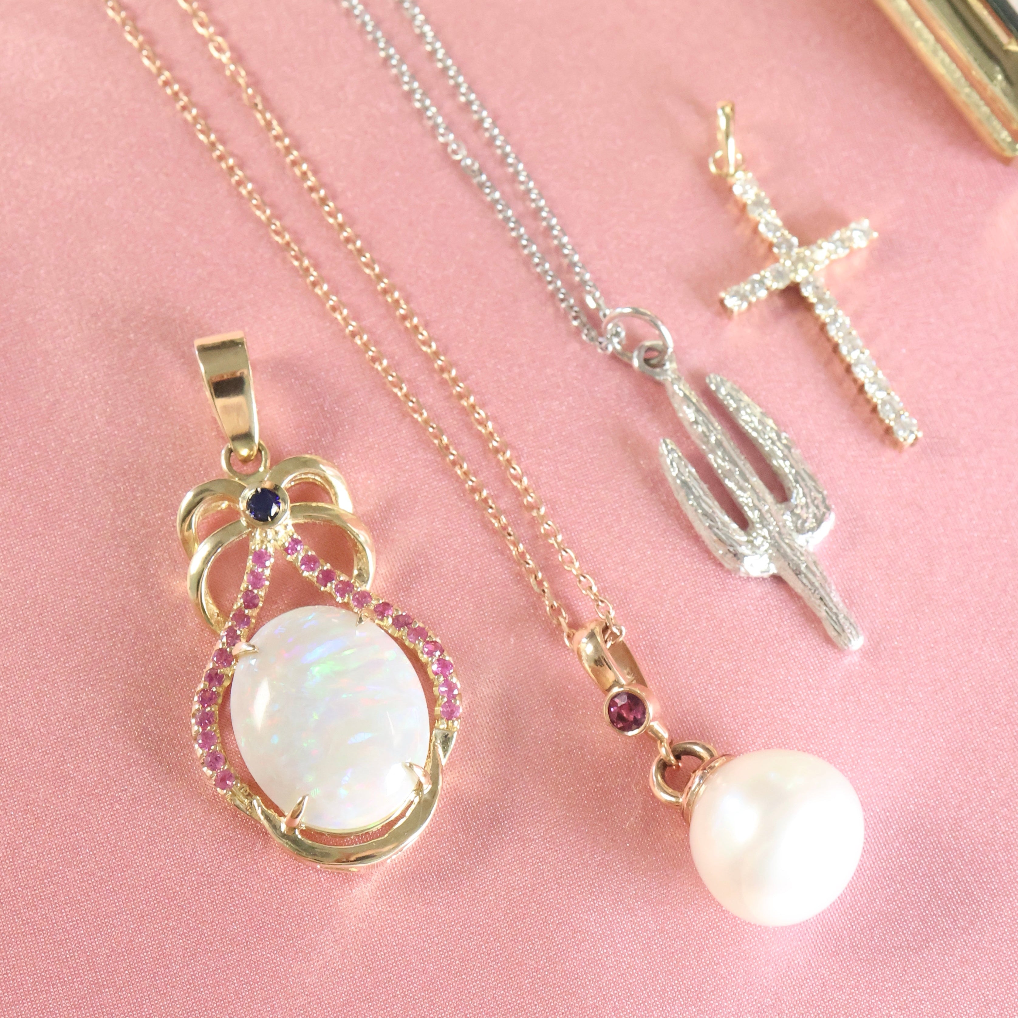 Natural Opal Pendant with Blue & Pink Sapphires | 14K Yellow Gold