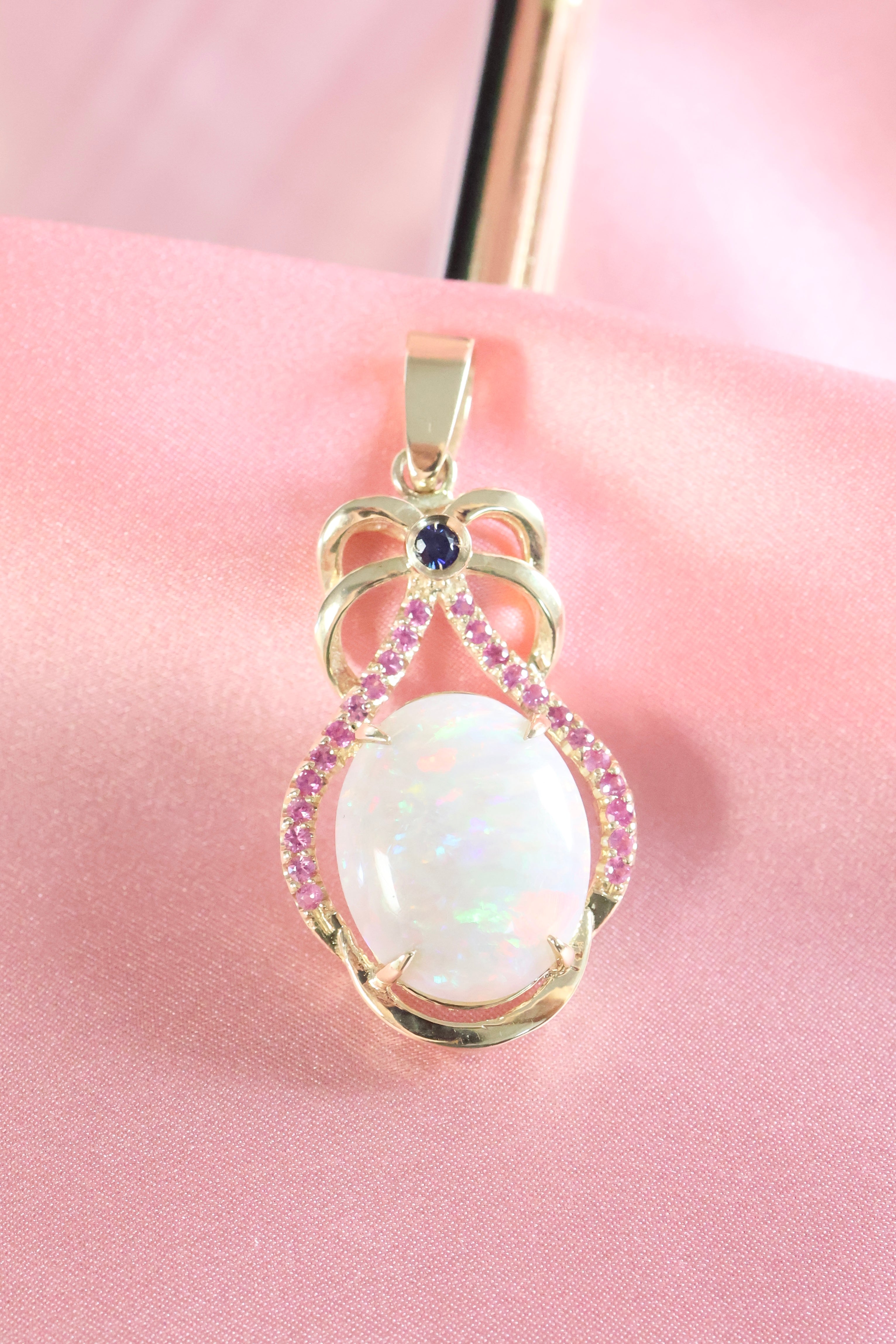Natural Opal Pendant with Blue & Pink Sapphires | 14K Yellow Gold