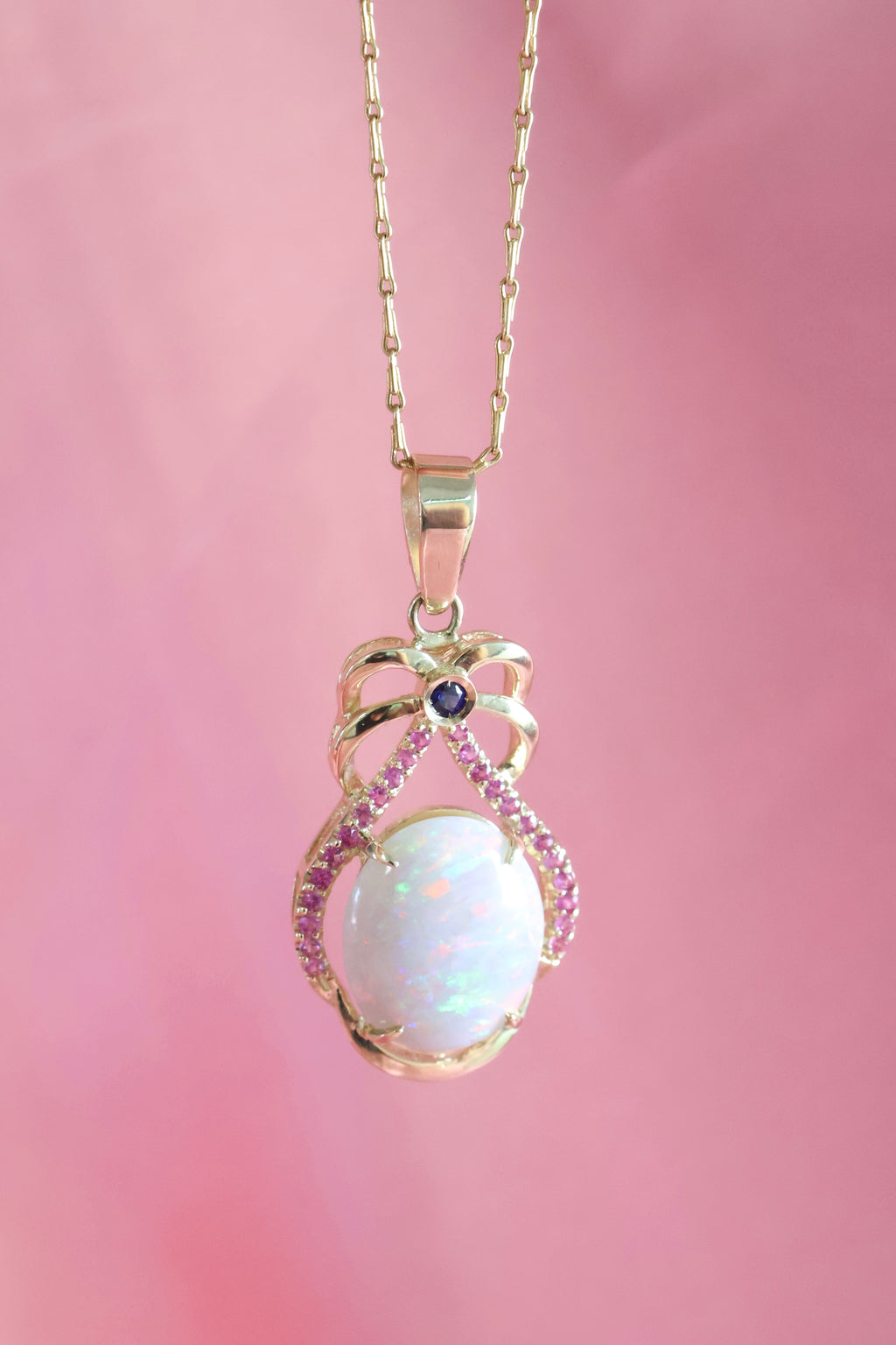 Natural Opal Pendant with Blue & Pink Sapphires | 14K Yellow Gold
