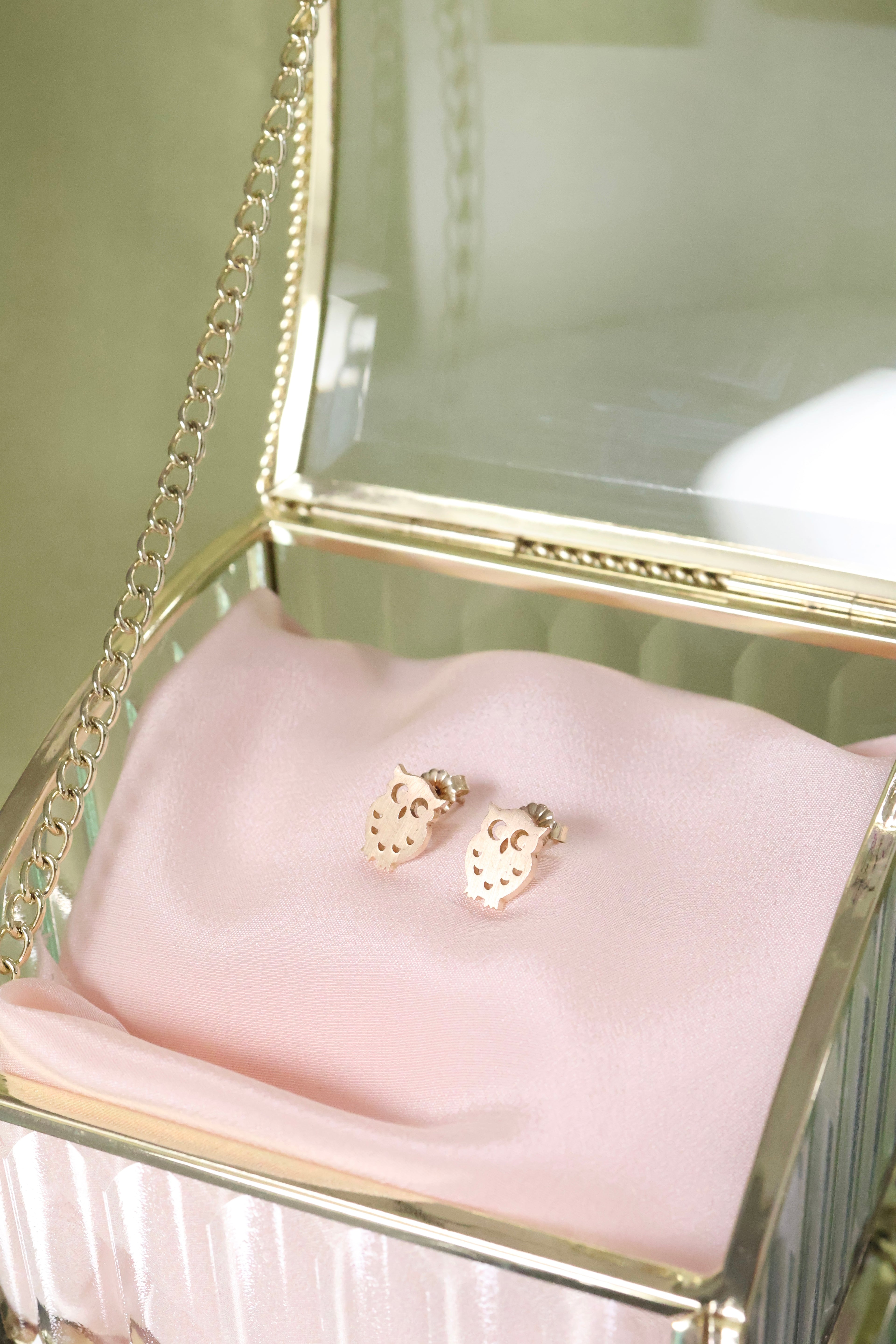 Owl Stud Earrings – 14K Solid Gold