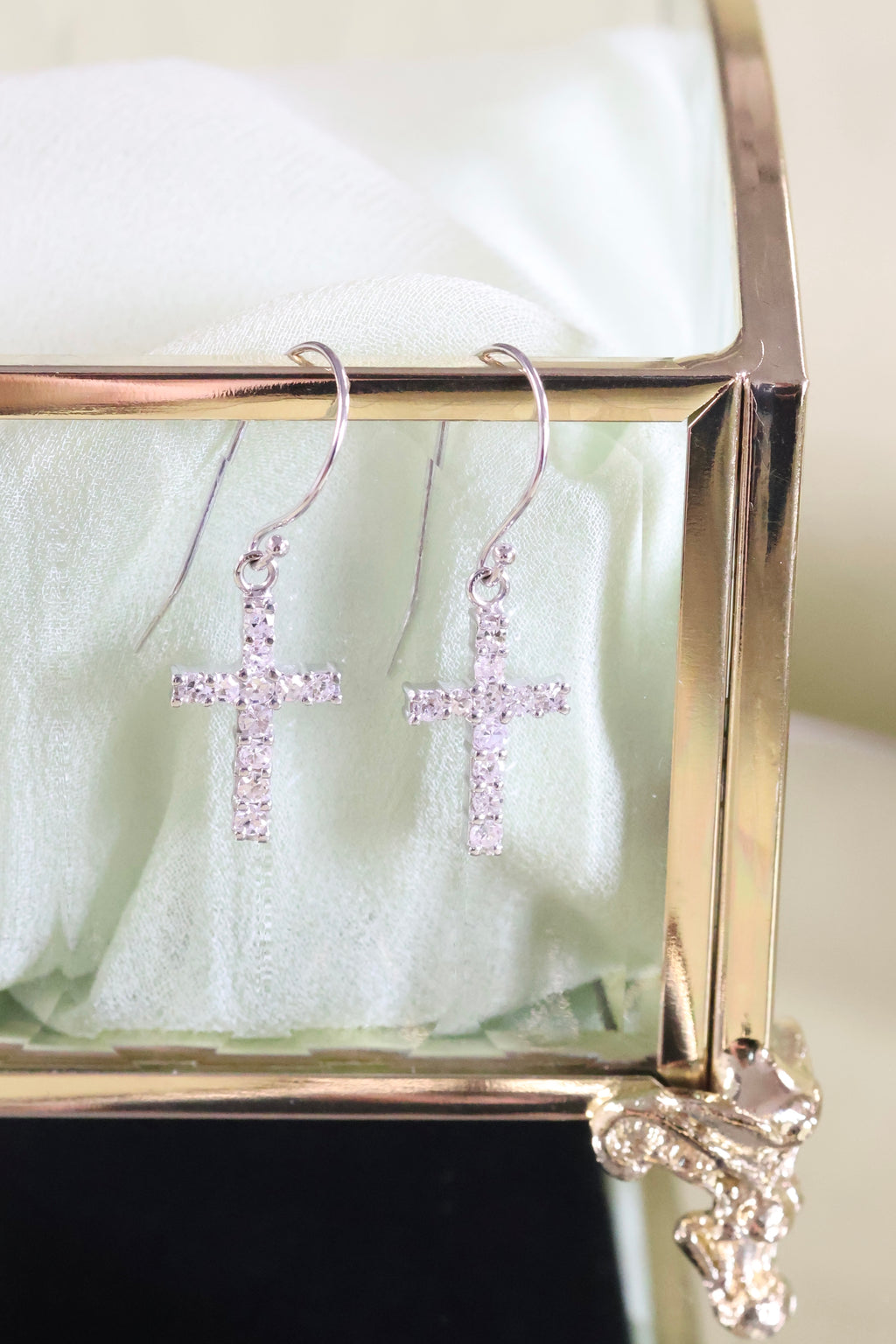 Diamond Cross Dangle Earrings | 14K Gold