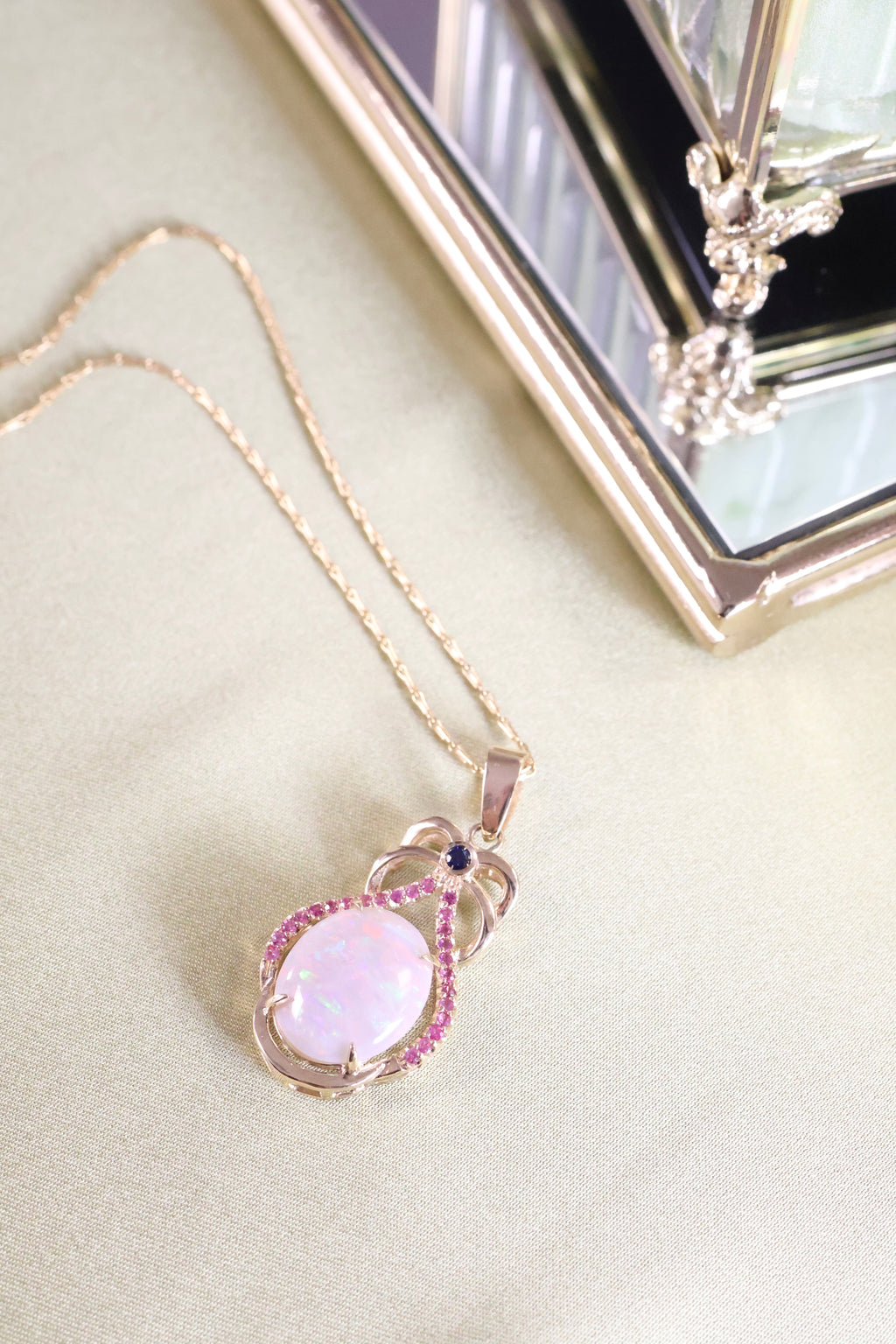 Natural Opal Pendant with Blue & Pink Sapphires | 14K Yellow Gold